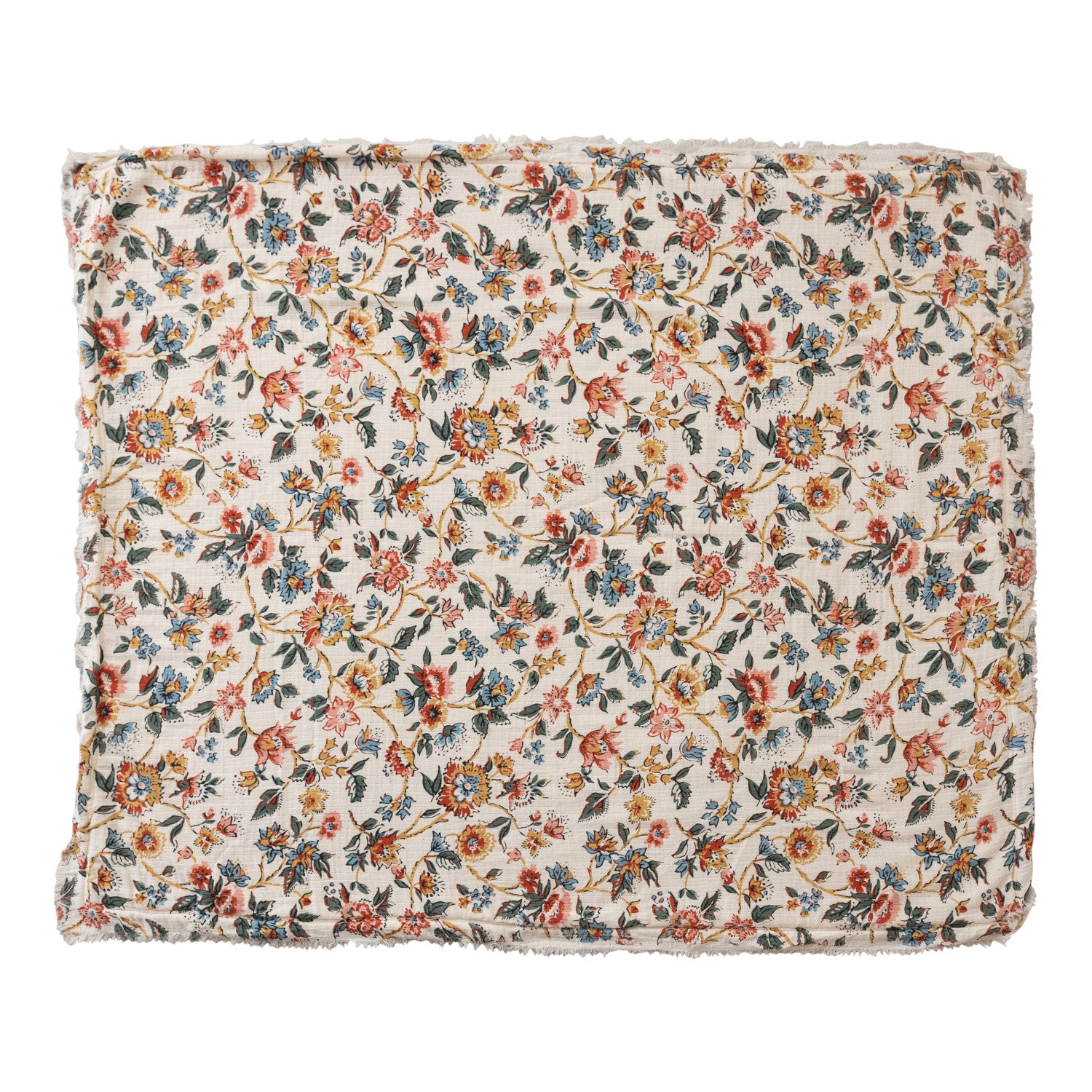 Woven Cotton Printed Throw w/ Sherpa Back, Flower Pattern & Fringe