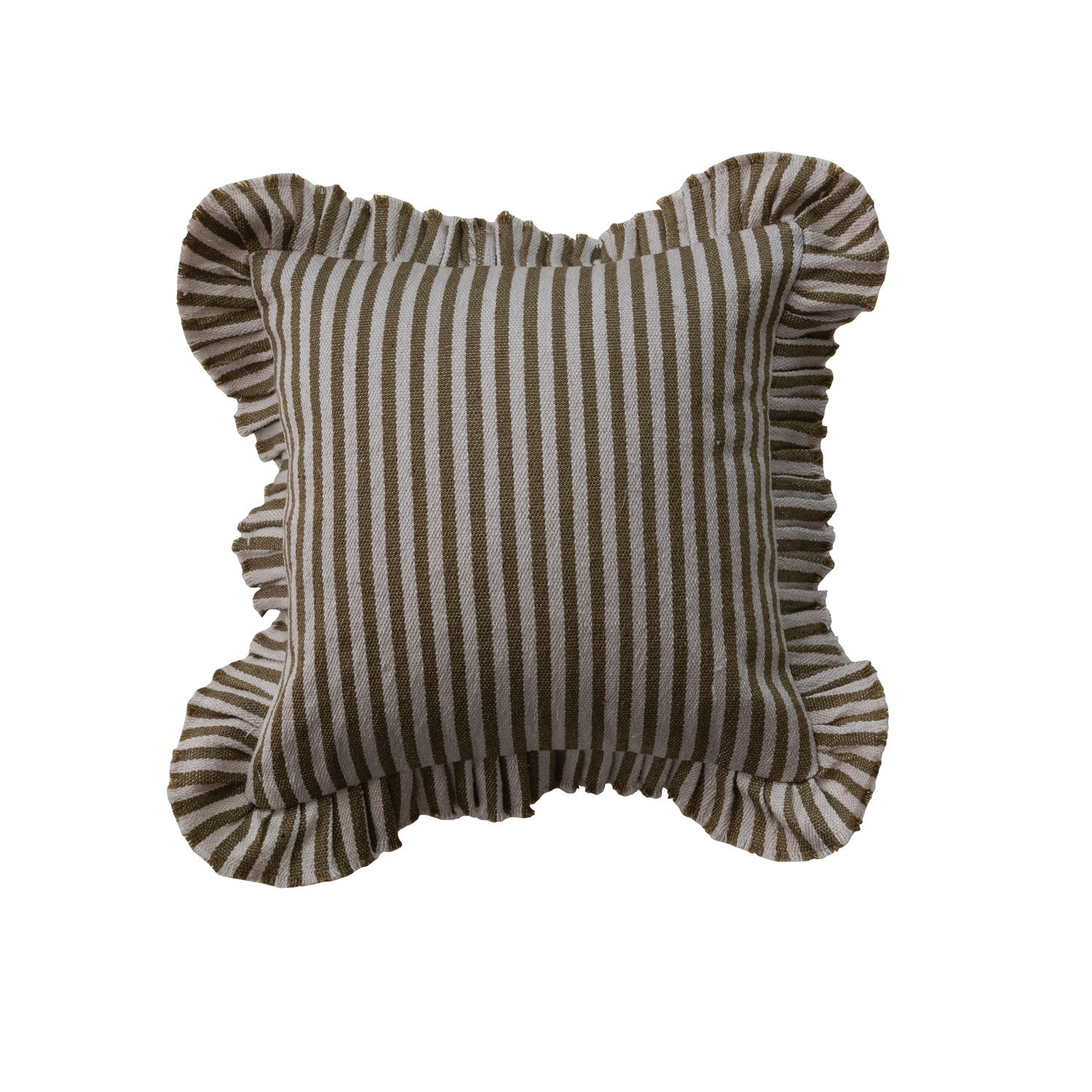 18" Square Woven Fabric Indoor/Outdoor Pillow with Stripes & Ruffle, Natural & Tan Color