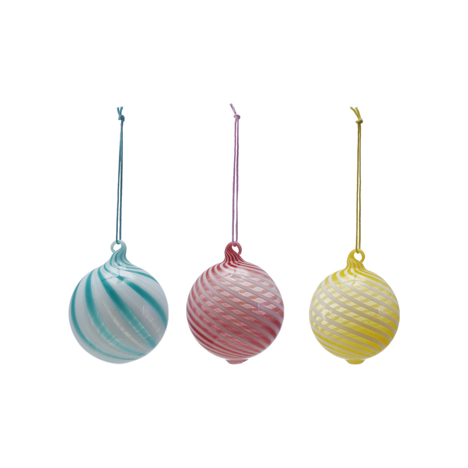 Hand-Blown Glass Ball Ornament with Swirled Stripes, 3 Colors