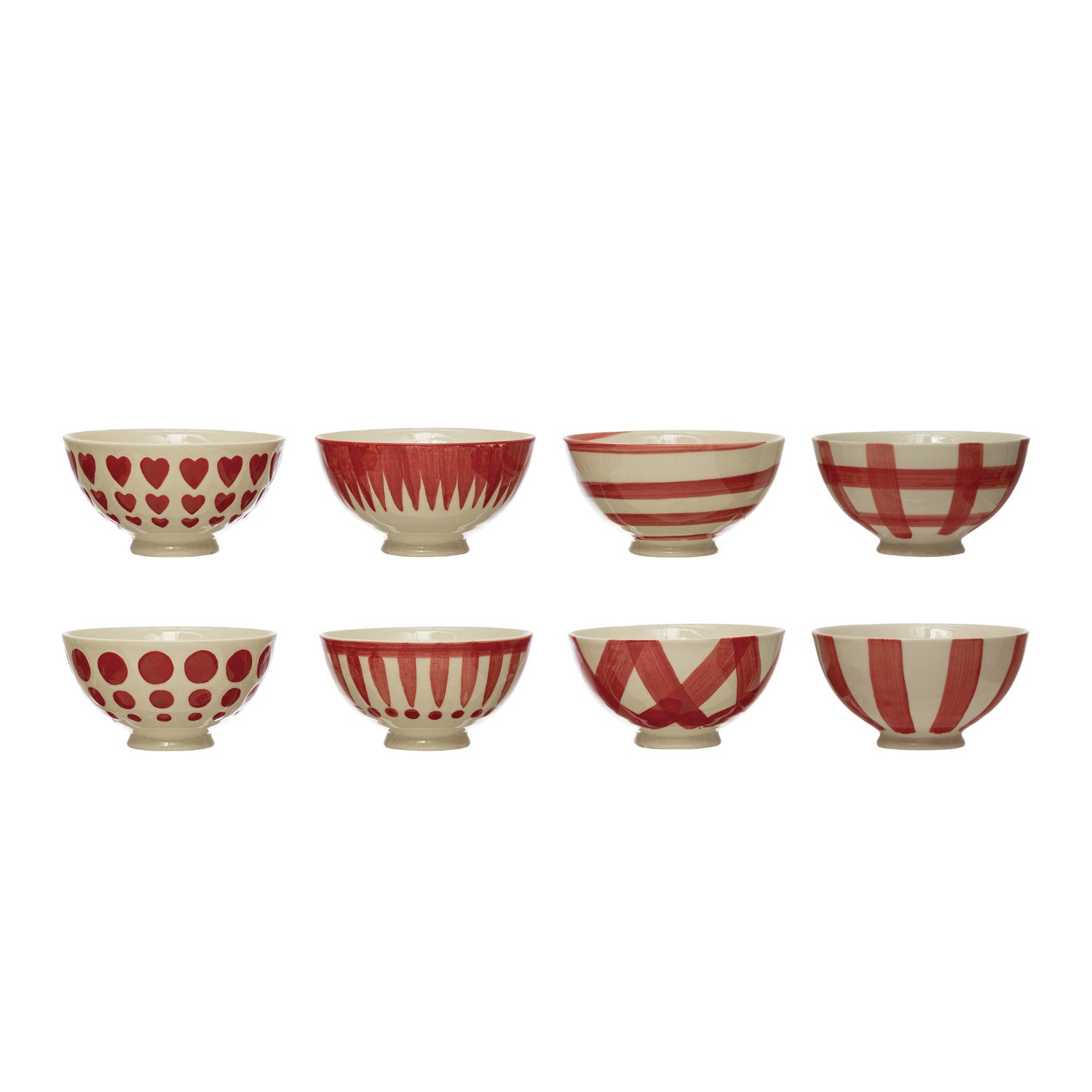 4-1/2" Round x 2-1/4"H Hand-Painted Stoneware Latte Bowl, White and Red, 8 Styles