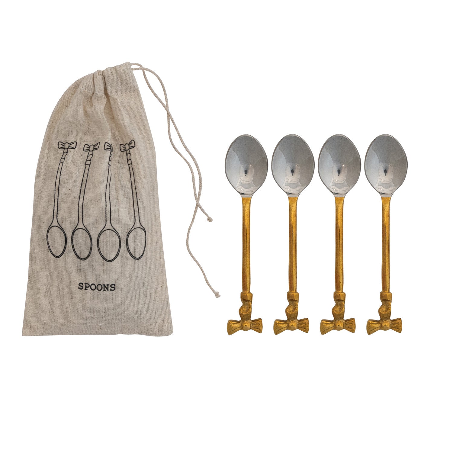 Coffee Spoons with Gold Finish Bow Handles, Set of 4 in Drawstring Bag
