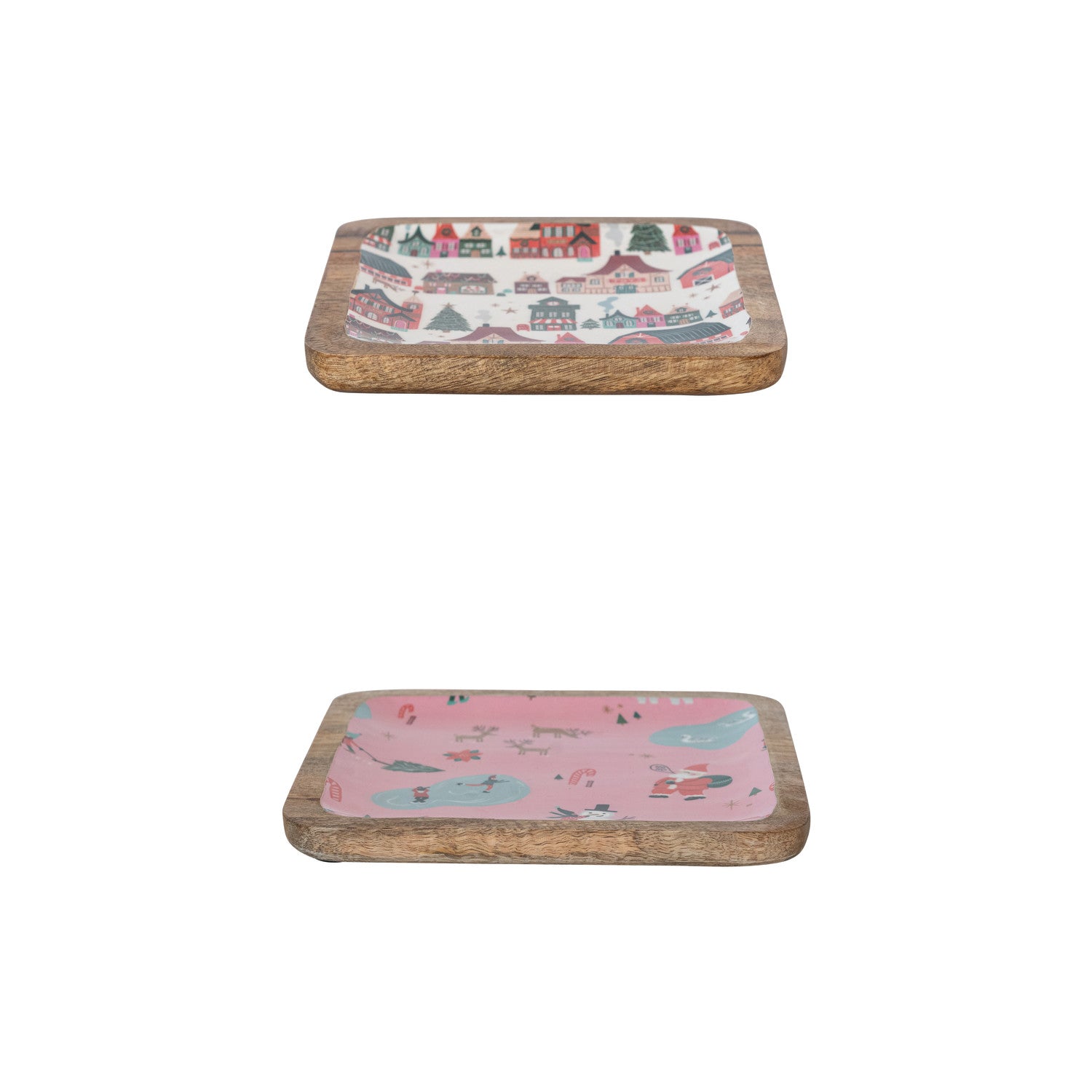 Enameled Mango Wood Trays with North Pole Patterns, Set of 2 ©