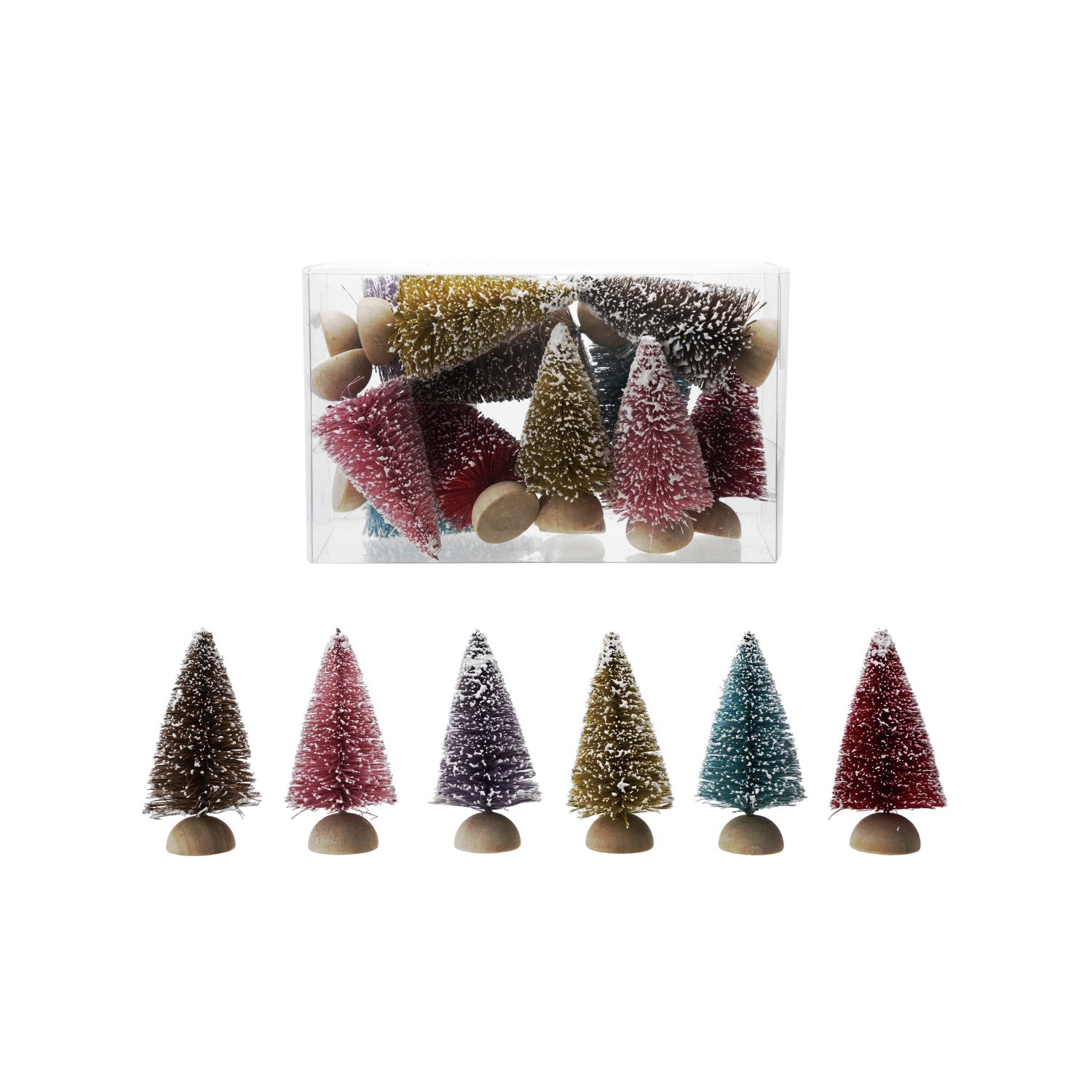 Sisal Bottle Brush Trees with Wood Bases, Snow Finish, Set of 12