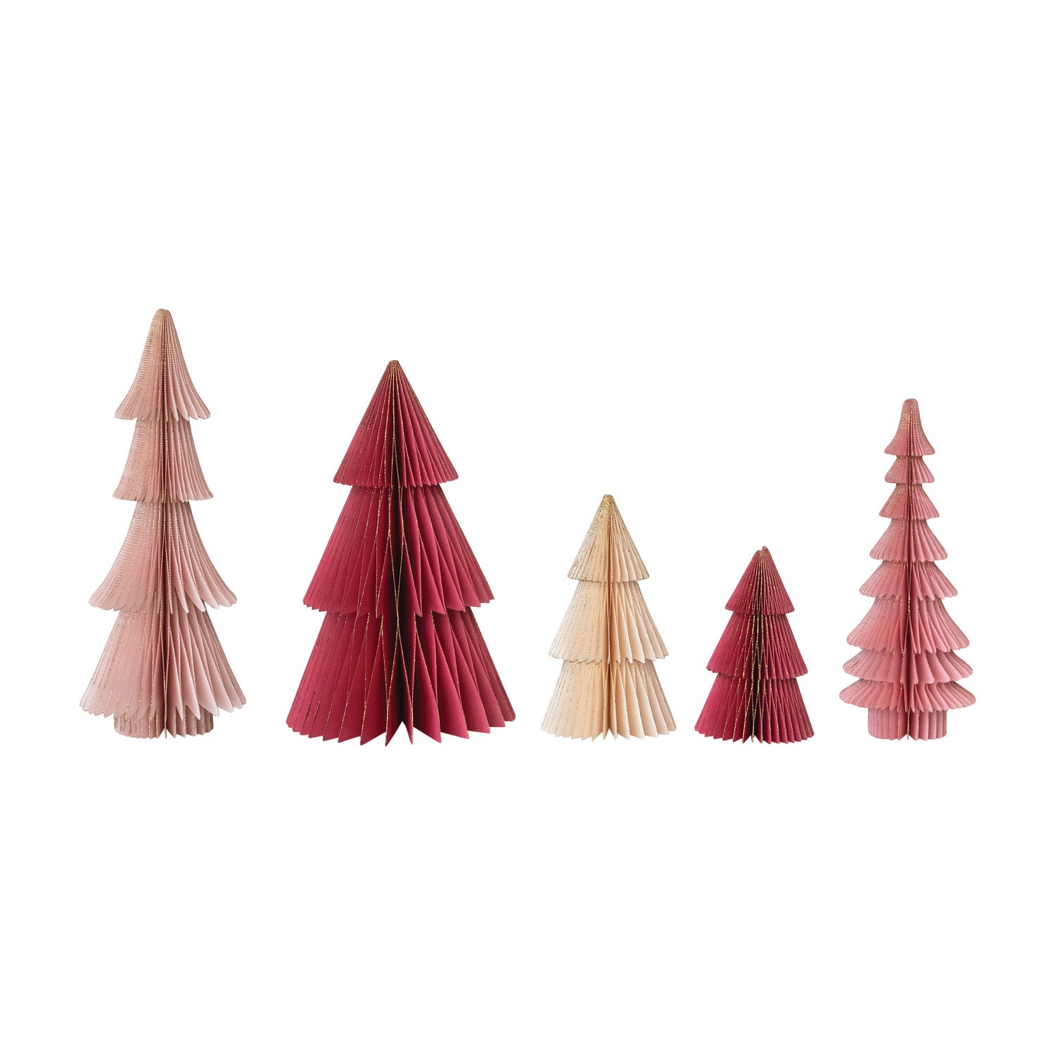 Handmade Folding Honeycomb Trees with Gold Glitter Edges, Set of 5