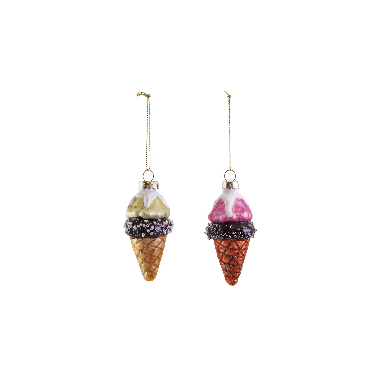 Glass Ice Cream Cone Ornament with Glitter & Beads, 2 Colors